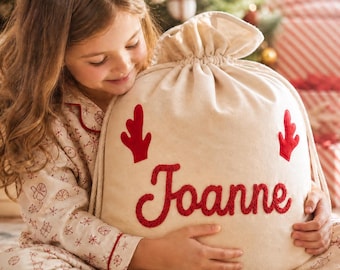 Personalized Santa Sack, Large First Christmas Sack Gifts Bags Set, Family Embroidered Classic Velvet Knitted Toy Sack with Names Decor Gift