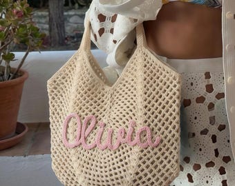Personalized Floral Crochet Beach Bags, Custom Bride Tote Beach bags, Beach Vacation Wedding Favours, Mothers Day Gifts, Bridesmaid Gifts