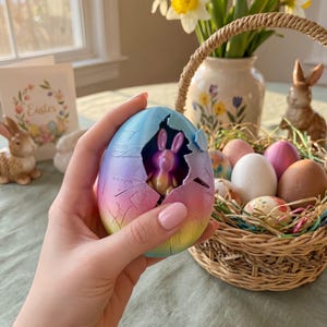 May include: A multi-coloured Easter egg with a broken shell, showing a small bunny figurine inside. The egg has blue, purple, and yellow hues. A wicker basket with decorated eggs and a ceramic bunny are also in view.