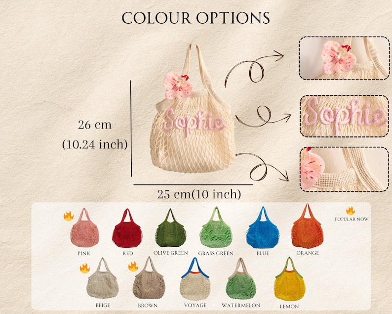May include: A beige net tote bag with the name "Sophie" in pink script. The bag is 10 inches wide and 10.24 inches tall. Color options include pink, red, olive green, grass green, blue, orange, beige, brown, voyage, watermelon, and lemon.