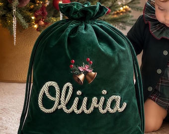 Personalized Santa Sack, Large First Christmas Sack Gifts Bags Set, Family Embroidered Classic Velvet Knitted Toy Sack with Names Decor Gift