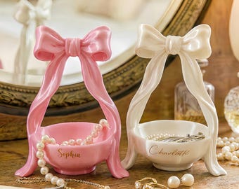 Personalised Bow Jewelry Box, Handmade Custom Name 3D Printed Coquette Ring Dish for Home Decor, Bridesmaid Gifts, Mothers Day Gifts