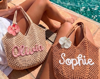 Personalized Boho Crochet Beach Tote Bags, Custom Bride Tote Beach bags, Beach Vacation Wedding Favours, Mothers Day Gifts, Bridesmaid Gifts