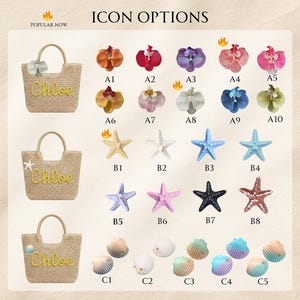 May include: A display of personalized beach tote bag options. The bags are made of woven material and feature the name "Chloe" in yellow script. Various decorative icons, including starfish, seashells, and flowers, are shown as customization options.