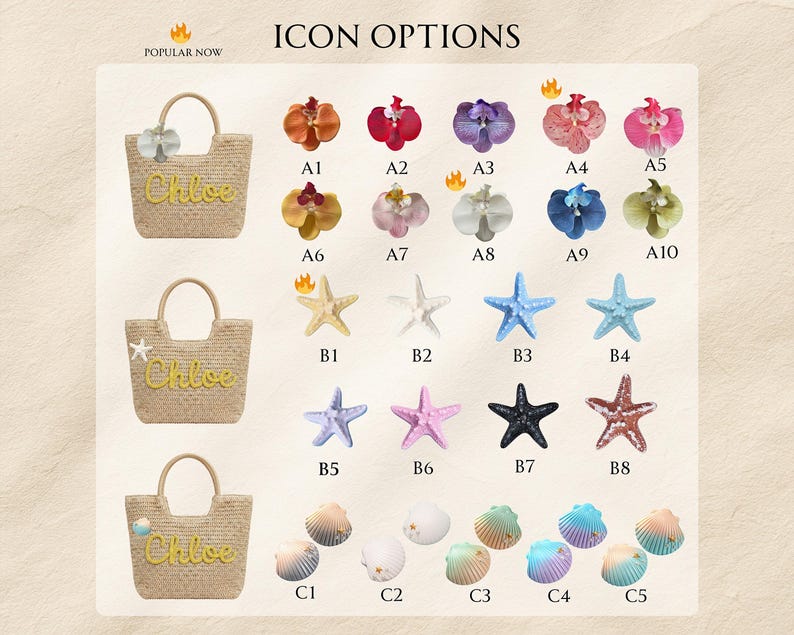 May include: A display of personalized beach tote bag options. The bags are made of woven material and feature the name "Chloe" in yellow script. Various decorative icons, including starfish, seashells, and flowers, are shown as customization options.