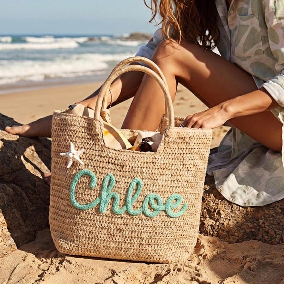 Personalised Beach Tote Bags, Custom Floral Crochet Bride Beach Bags, Straw Beach Vacation Wedding Favor, Gift for Mom, Bridesmaid Gifts