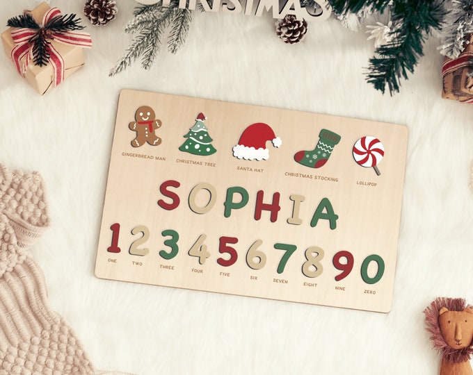 Cadeaux de Noël personnalisés avec puzzle de noms, cadeau de fête de naissance, cadeau personnalisé pour tout-petit, jouets éducatifs en bois, cadeau d'anniversaire pour bébé par TsingsDesign