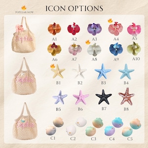 May include: A selection of personalized beach tote bag options with various decorative elements. The bags are beige with the name "Sophie" embroidered in pink. Decorative options include flowers, starfish, and seashells.