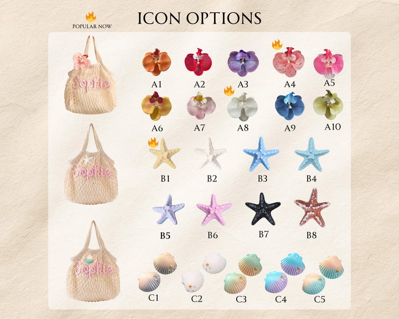 May include: A selection of personalized beach tote bag options with various decorative elements. The bags are beige with the name "Sophie" embroidered in pink. Decorative options include flowers, starfish, and seashells.
