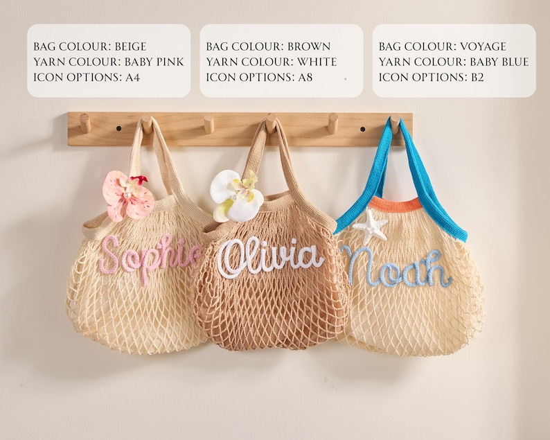 May include: Three personalized net tote bags in beige, brown, and voyage colors, each with a different name embroidered in a contrasting yarn color. The bags are decorated with floral accents and a starfish.