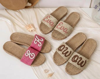 Pantuflas bohemias de paja tejidas a mano, pantuflas personalizadas para novias y damas de honor, sandalias de playa descalzas, regalos para el Día de la Madre, regalos para damas de honor