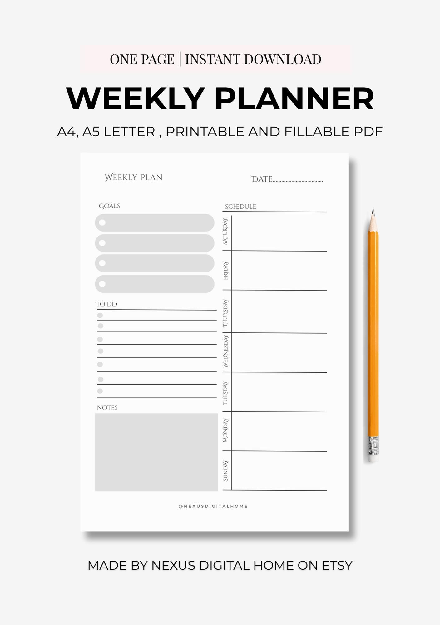 Weekly Planner Printable A4 and A5 Monday and Sunday Start Undated ...