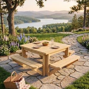 May include: A square wooden picnic table with four attached benches, featuring a light natural wood finish. The tabletop holds three plates, a wooden bowl, and a glass pitcher. A woven wicker picnic basket with a plaid cloth sits nearby.