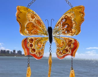 Yellow Butterfly Glass Suncatcher – Fused Glass Window Hanging, Garden Decor, Handmade Sun Catcher Gift