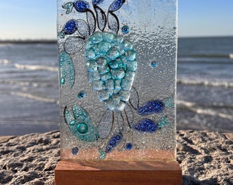 Handmade Fused Glass Blue Crab Art: Coastal Decor with Wood Base