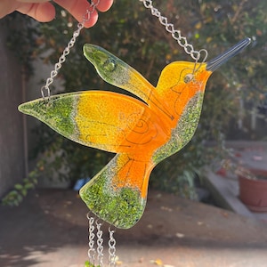 Fused Glass Hummingbird Suncatcher – Orange & Green Hanging Decoration