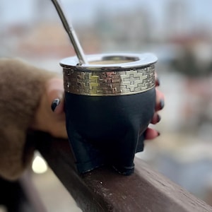 Handcrafted Imperial Mate Gourd with German Silver Rim and Legs – Premium Argentine Leather – Black Finish