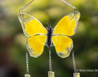 Yellow Butterfly Glass Wind Chime – Handcrafted Garden Suncatcher, Artisan Home Decor, Nature-Inspired Outdoor Ornament