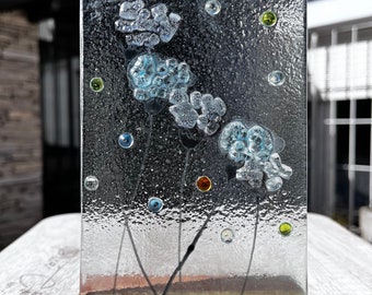 Enchanted Garden Fused Glass Art: Botanical Panel with Wooden Stand