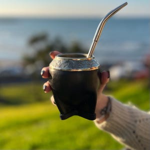 Torpedo Style Leather Mate Gourd | Handcrafted with Chiseled Metal Rim | Traditional Argentine Yerba Mate Cup