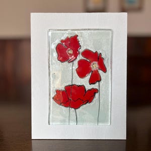 Fused Glass Red Poppy Flower Art Panel – Handmade Botanical Wall Hanging