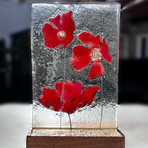 Handmade Fused Glass Poppy Panel: Red Floral Art on Wood Base