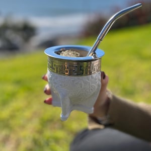 White Imperial Mate Gourd – Handmade Argentinian Cup with Greek Alpaca Rim