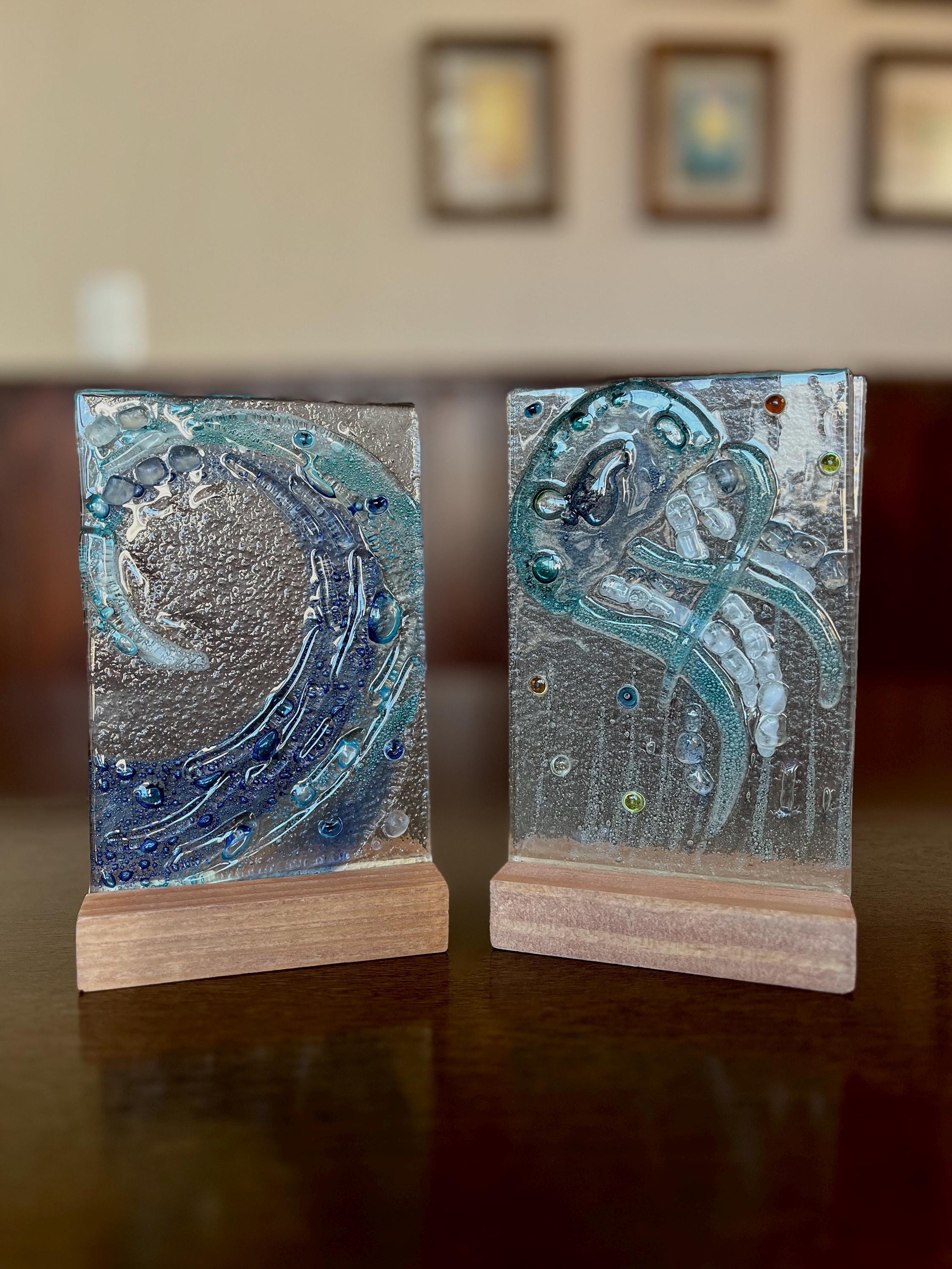 Set of 2 Fused Glass Art Sculptures – Abstract Blue Glass Decor with Wooden Base