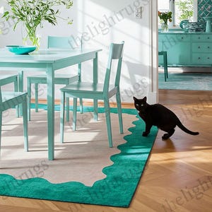 6x6 Scalloped edge design Modern White & Teal Green Hand tufted for Dining Room, Bedroom , Kids Room - The Light Rugs