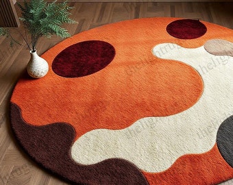 5x5 Orange Eclipse Hand-Tufted Wool Rug Area Rug  Soft Circular Carpet for Living Room, Bedroom  Kids Room Decor