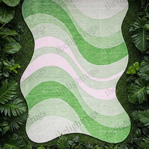 Modern Area Rug - Green Wavy Abstract Handcrafted 6x9 & 5x8 | Contemporary Home Decor, Soft Texture, Unique Design