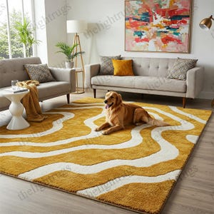 8X10 Wavy Golden And White Hand-Tufted Rug, Modern Luxury Decor for Living Room, Soft Area Rug 5x8 ,9X12