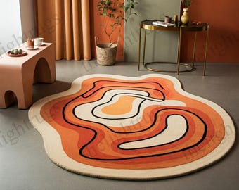 Hand Tufted Wool Rug, Wavy Retro Mid Century Modern Carpet, Burnt Orange Terracotta Ochre