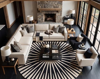 Hand-Tufted Wool Sunburst Rug, Black Cream Round Living Room Decor