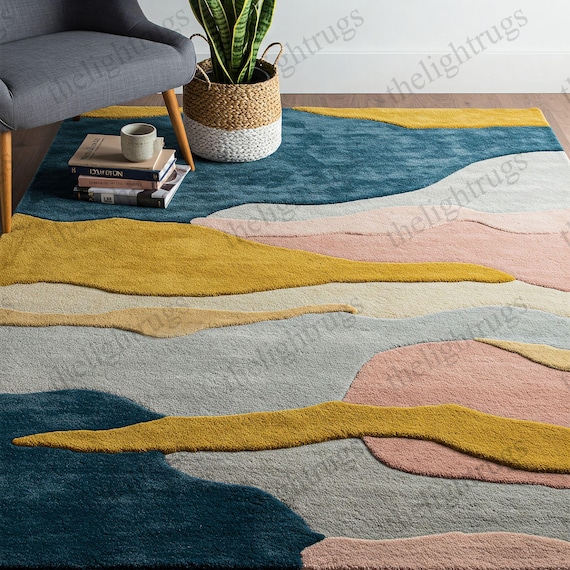 8x10 Abstract Wool Rug, Hand-Tufted Nature Design, Organic Modern Decor
