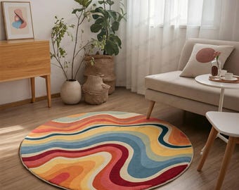 Retro Swirl Spectrum Hand-Tufted Wool Rug Multicolor for Kids Room & Playroom Decor, Unique 5x7 Area Rug for Home, 8x8