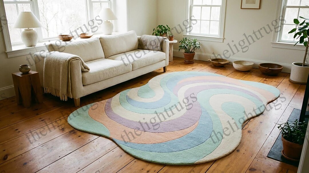 Hand Tufted Wool Rug – Pastel Wavy Organic Shape Carpet - Etsy