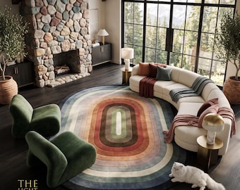 Hand-Tufted Wool Oval Rug, Retro Gradient Bands, Mid-Century Boho Living Room Decor