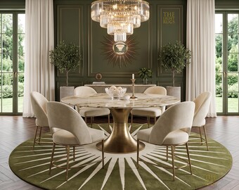 Hand Tufted Wool Sunburst Rug, Olive Green Cream Art Deco Dining Carpet