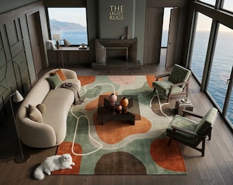 Hand-Tufted Wool Area Rug, Abstract Organic Pattern, Burnt Orange Sage Green (8x10)
