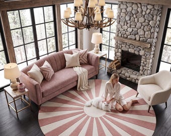 Hand Tufted Round Rug, Pink Ivory Sunburst Design, Handmade Home Decor