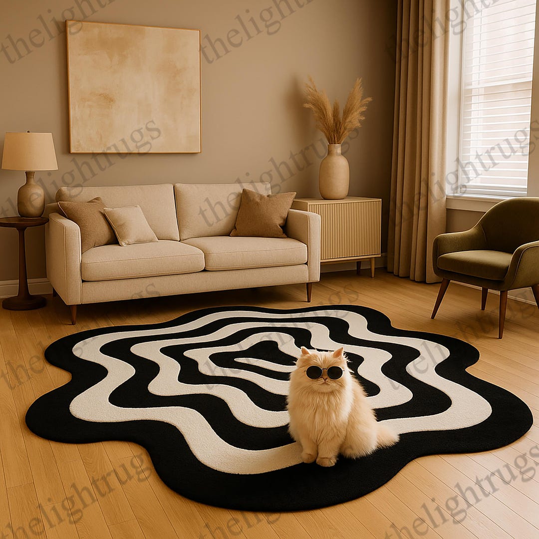 Modern Abstract Black & White Wool Rug: Hand-tufted Fluid Design - Etsy
