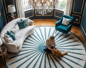 Alfombra Art Déco Sunburst, de lana tejida a mano, para sala de estar de lujo, alfombra artesanal única.