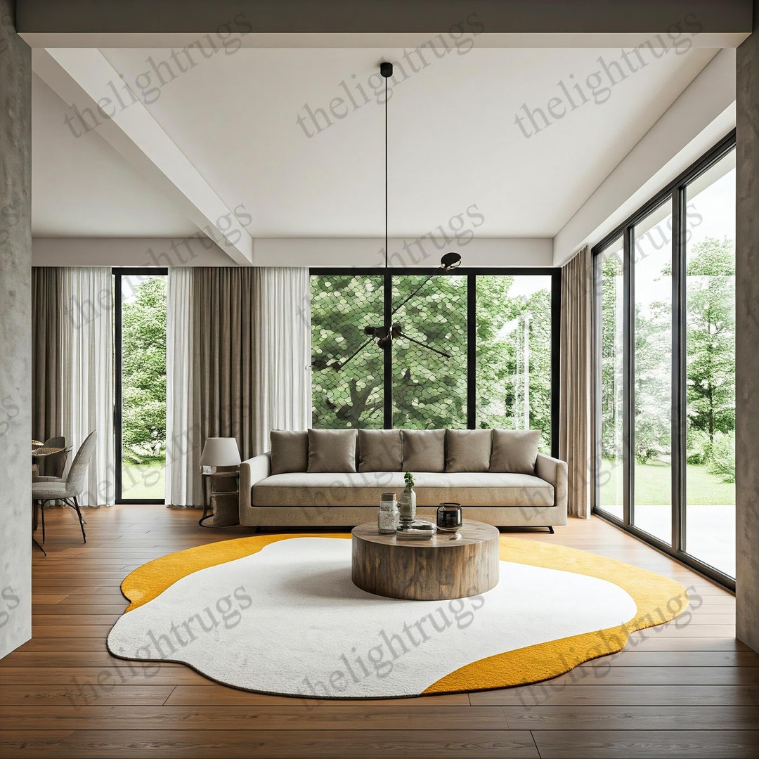 Abstract Wool Round Rug: Modern Yellow & White Accent (7x7) - Etsy
