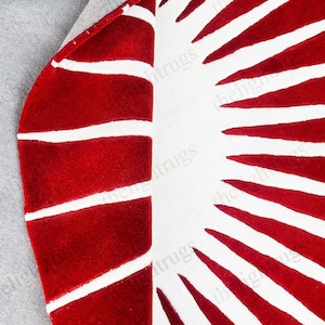 8x8 Red and White Round Hand-Tufted Wool Rug - Modern Sunburst Design, Luxury Circular Carpet for Living Room & Decor 8x8