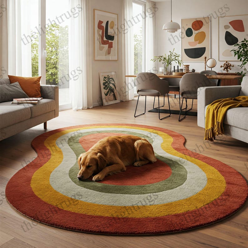 Hand-tufted Wool Rug: Retro Concentric Bands, Kidney Bean Shape - Etsy