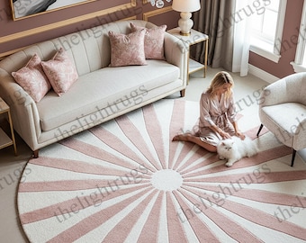 Round Sunburst Area Rug, Hand-Tufted Wool for Modern Homes, Pink Radiating Pattern