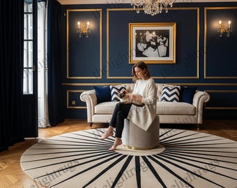 Black and white sunburst rug, Living room décor, Hand-tufted wool floor accent