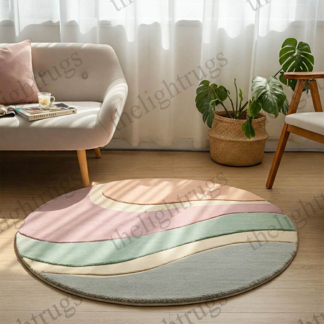 Ripple Design Rug Hand-tufted Wool Round Rug: Pastel Ripple Design, 5x5 Area Rug - Etsy