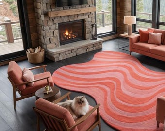 Hand Tufted Wool Wavy Area Rug, Terracotta Coral Abstract Accent (Custom Size)